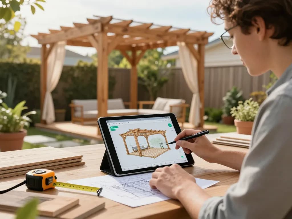 Pergola Sales Software interface shown on tablet with designer creating custom pergola in outdoor setting