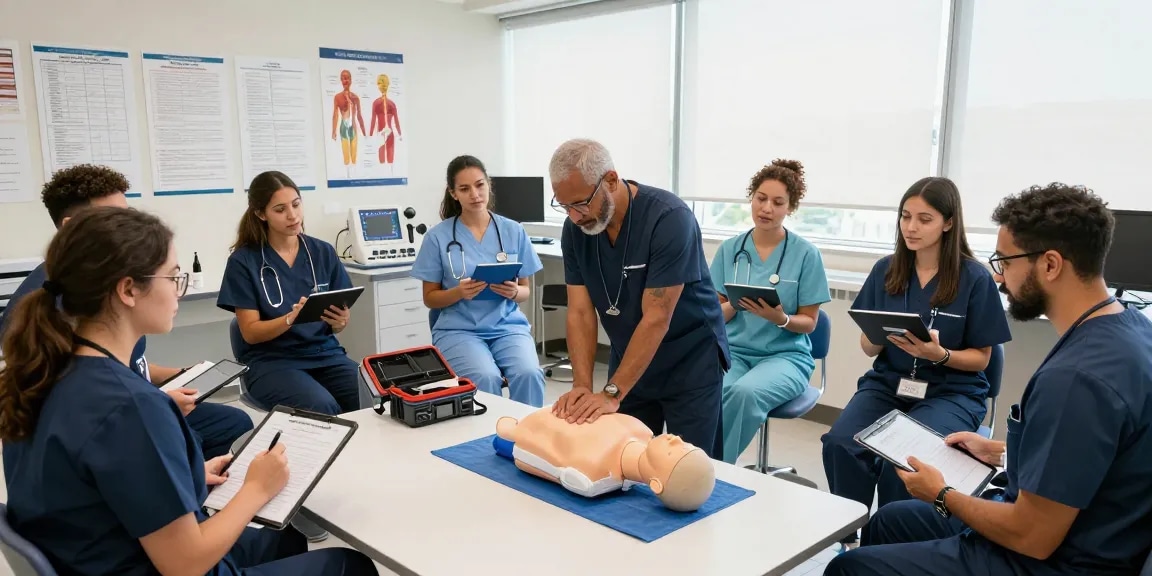 Medical training session showing healthcare professionals practicing CPR techniques in a simulation room.