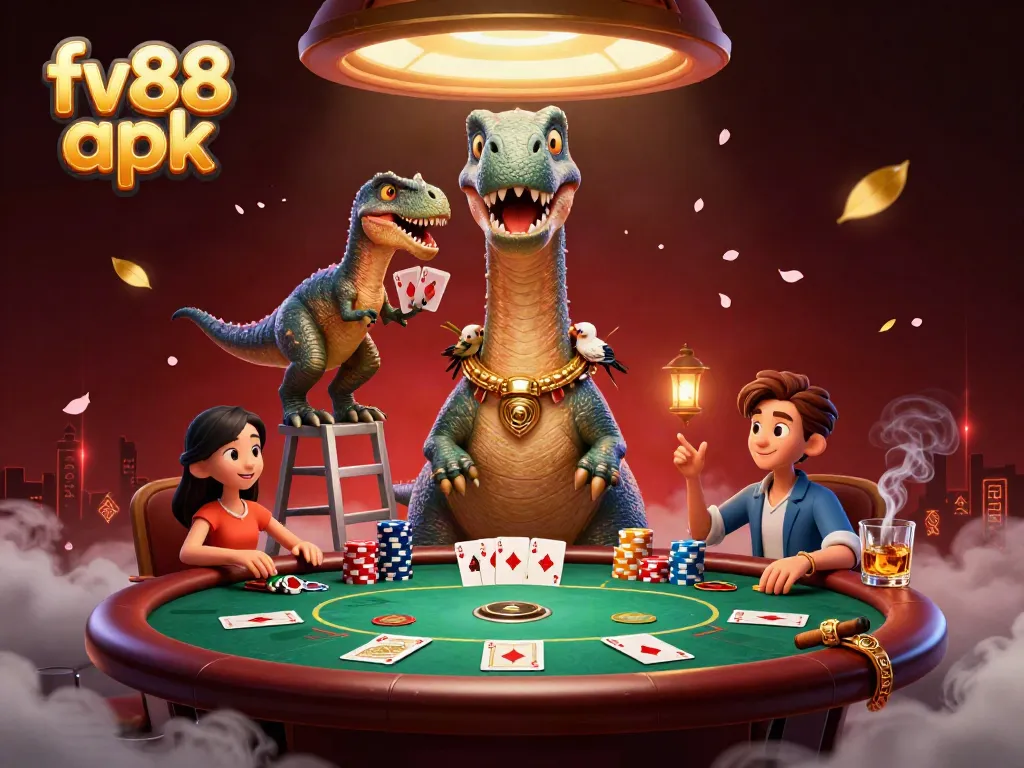 Experience the excitement of fv88 apk with a vibrant casino scene featuring a giant brontosaurus and clever raptor dealing cards.