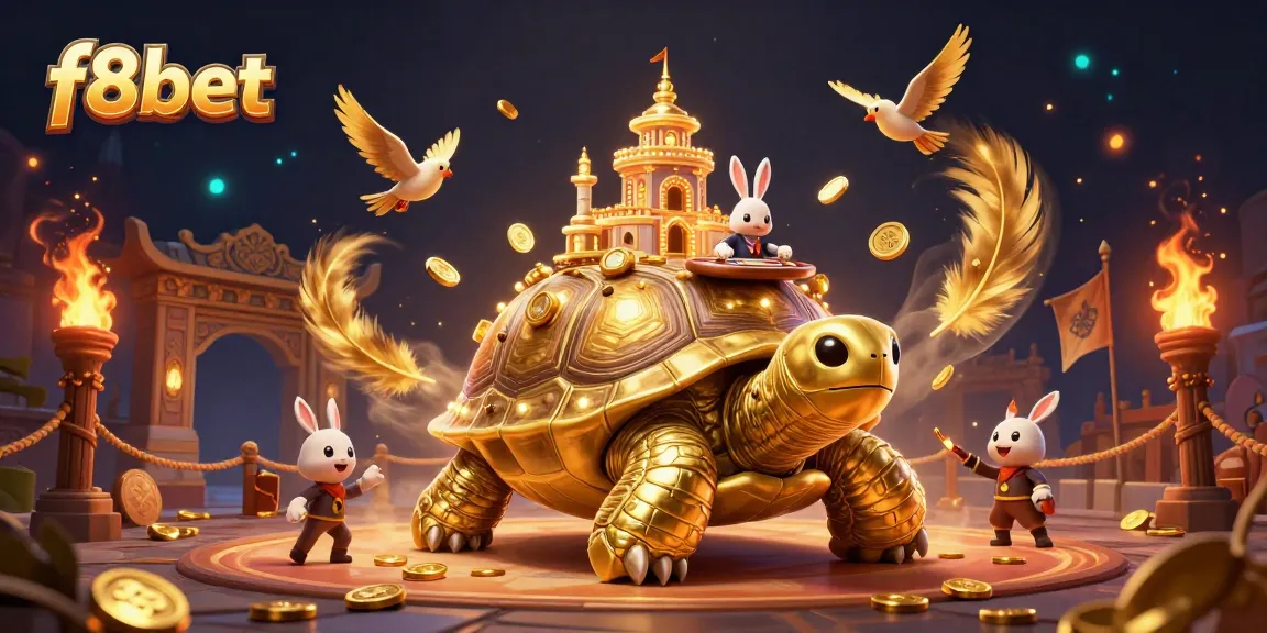 Experience thrilling gaming at f8bet with a vibrant casino scene featuring a golden tortoise, rabbit dealer, and flying coins.