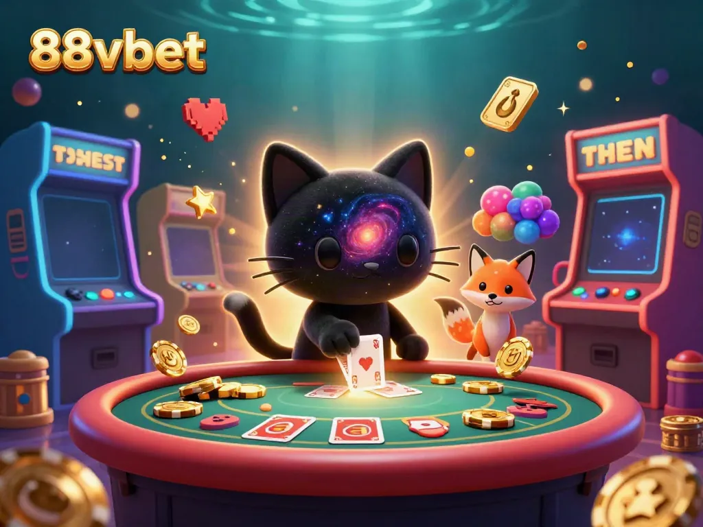 Engage with the 88vbet cosmic casino scene featuring a cartoon black hole cat and a nebula fox.
