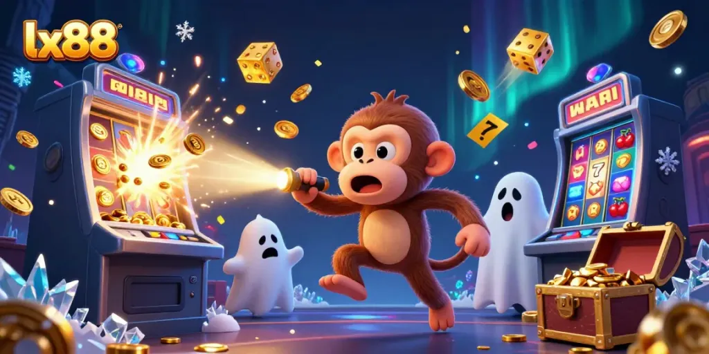 The energetic lx88 casino scene shows a playful poltergeist monkey and a ghost-hunter puppy amidst slot machines and jackpot coins.