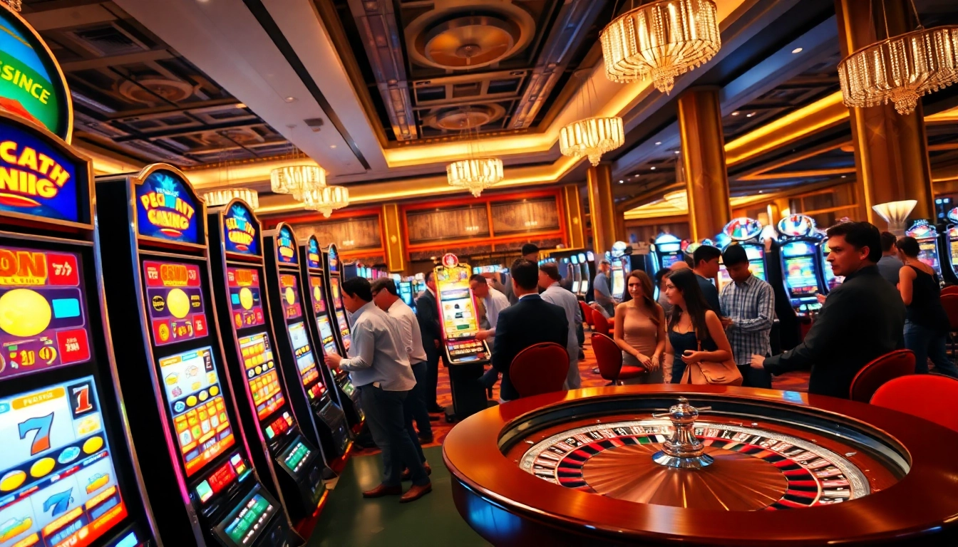 Players enjoying thrilling games at Casea Casino, with vibrant slot machines in the background.