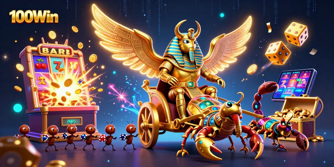 Join the excitement of 100Win with a vibrant illustrated scene showcasing thrilling casino elements and characters.