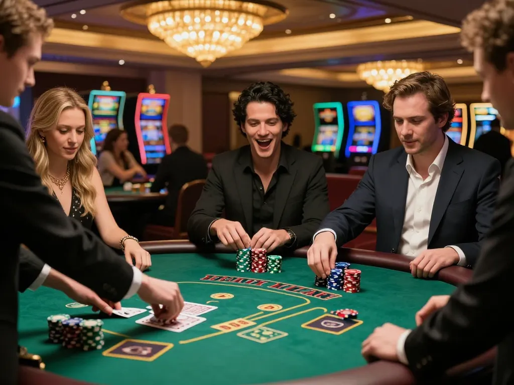 Players strategizing their bets at a blackjack table featuring TR88 themed decor, celebrating wins amidst casino ambiance