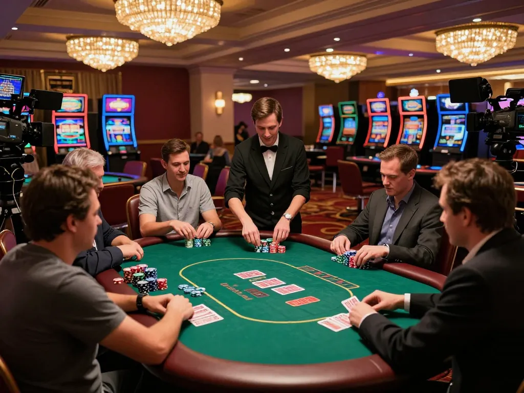 dh88 players engaging in a high-stakes poker game, dynamic casino atmosphere with vibrant colors.