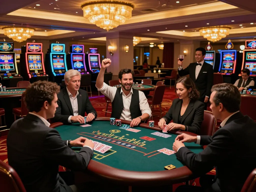 Experience the excitement of 78 win at a luxurious blackjack table, players celebrating winning hands in a vibrant casino.