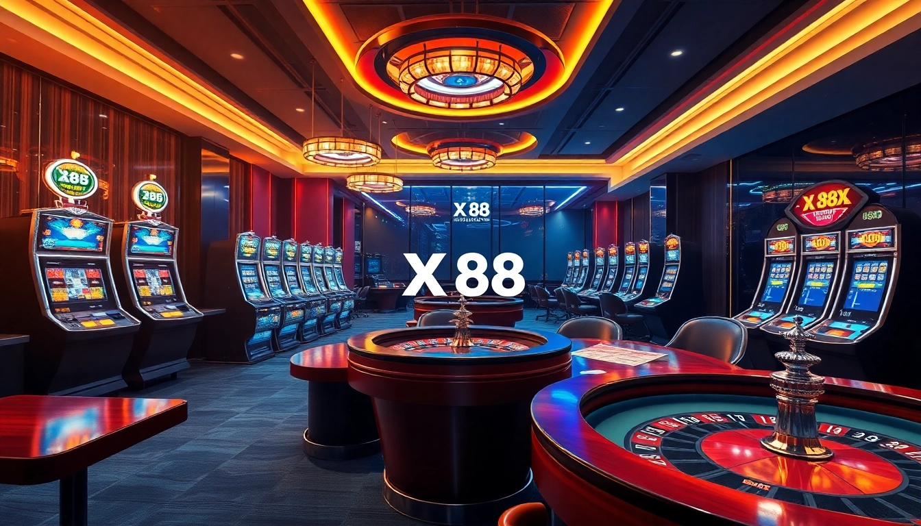 X 88 offers an engaging online gambling experience with luxurious casino tables and vibrant slot machines.