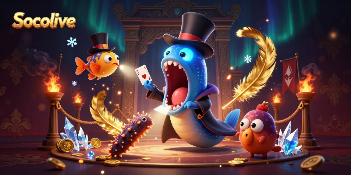 Experience Socolive with a dynamic card magic show featuring colorful marine characters and gold coins.