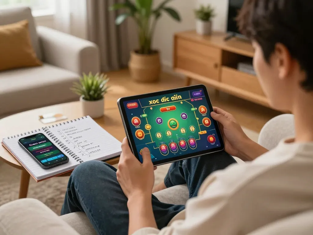 Engaging scene of xóc đĩa online game play at home with a person strategizing.