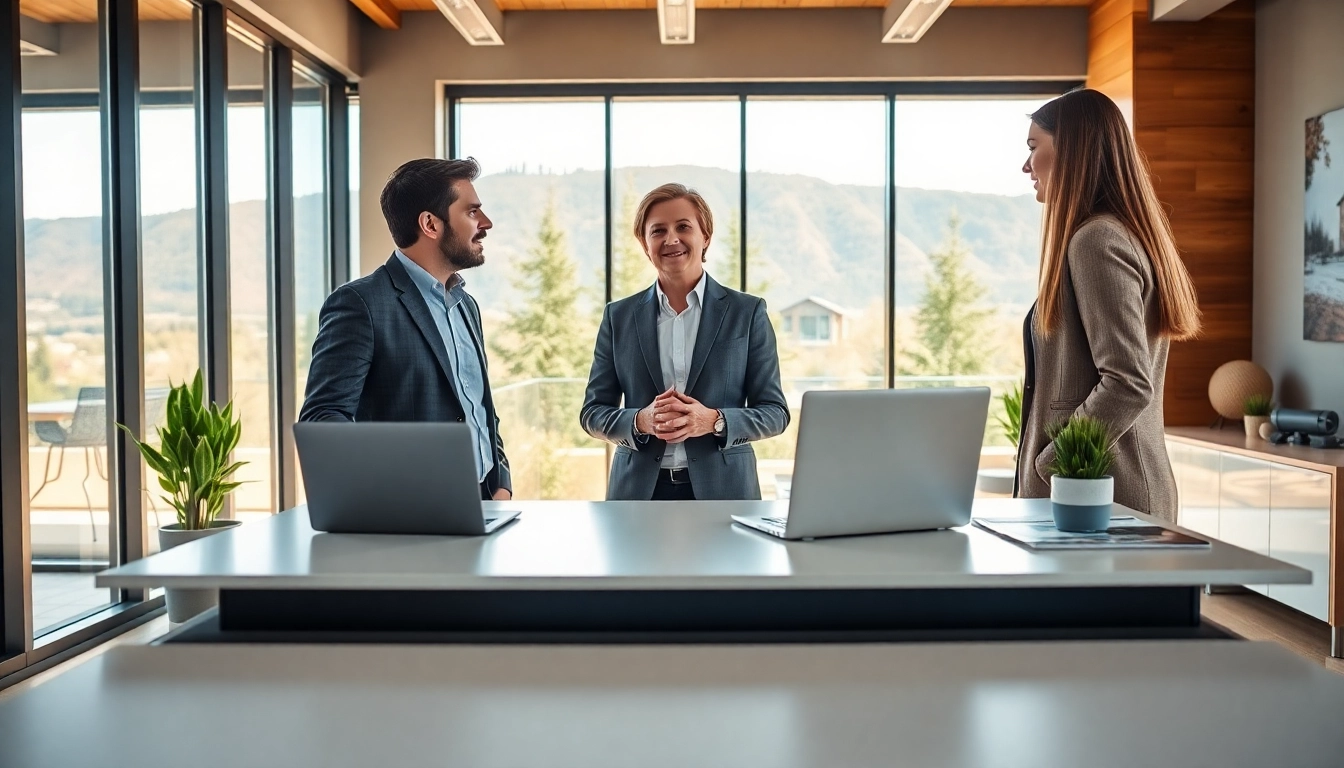 Engaging kelowna realtor discussing real estate options with clients in a bright office.