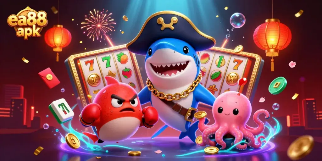 Experience engaging action with ea88 apk in this vibrant 3D casino illustration featuring dynamic characters and game elements.