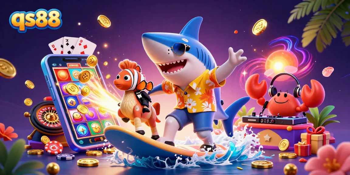 Join qs88's thrilling casino adventure with vibrant characters surfing on gold coins and gaming elements!