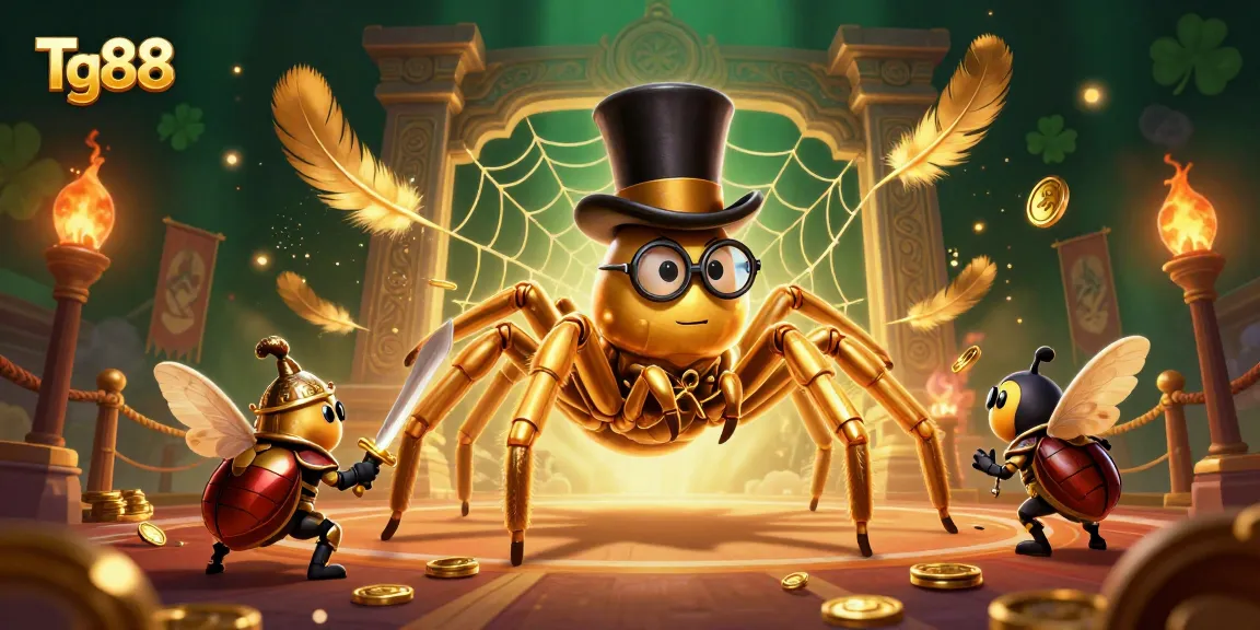 Tg88 offers thrilling gaming action with a golden tarantula and beetle knight amid rich casino elements.