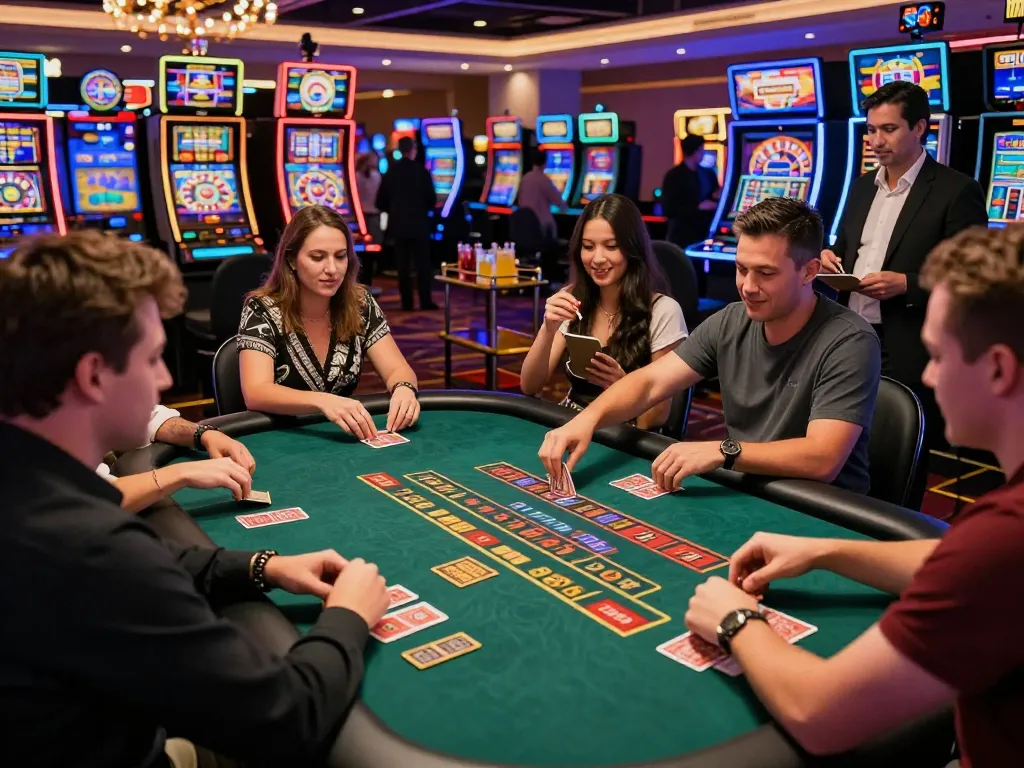 MAY88 gaming table scene with friends enjoying a thrilling poker game in a vibrant casino.