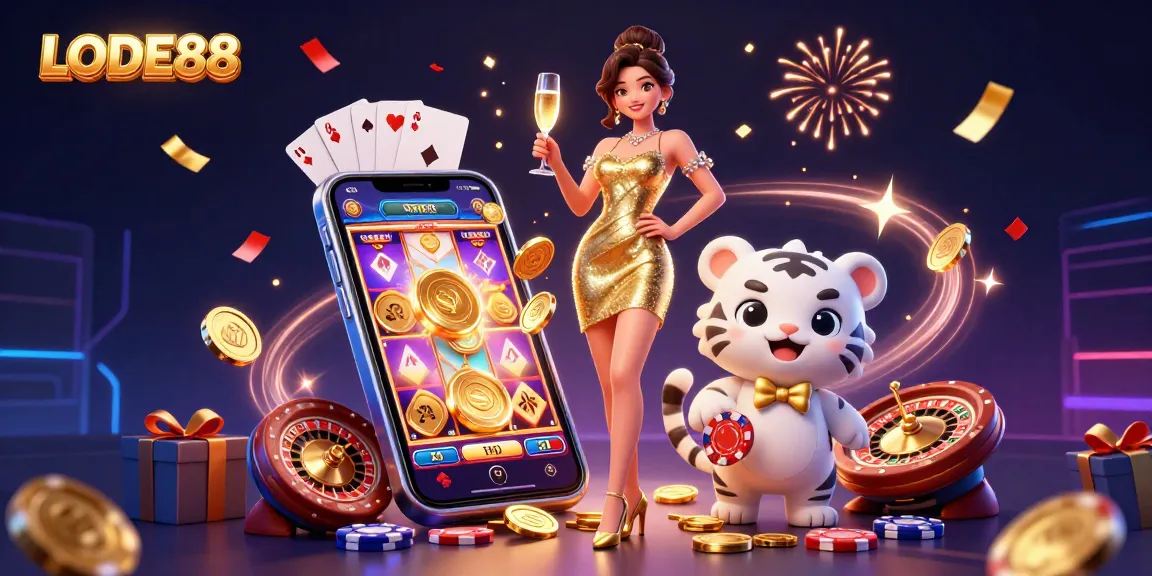 Win big at LODE88 with a glamorous woman and lucky white tiger, surrounded by thrilling casino games.
