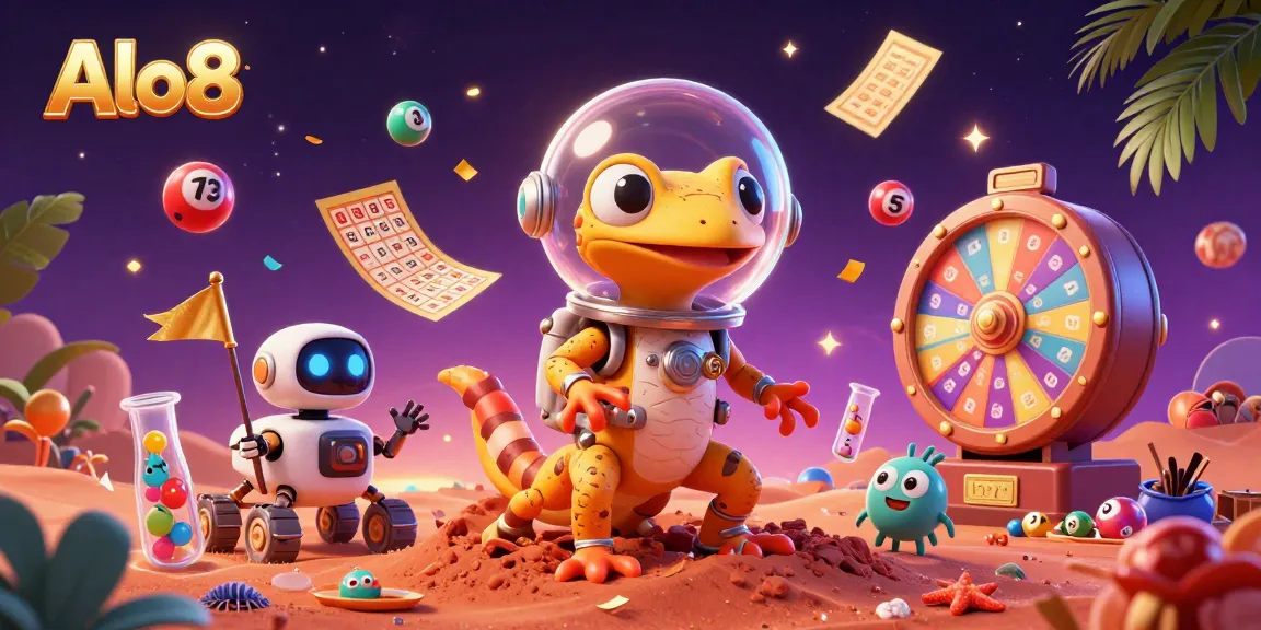 Alo8 transforms the gaming experience with a Martian gecko discovering a golden casino amidst dynamic lottery excitement.