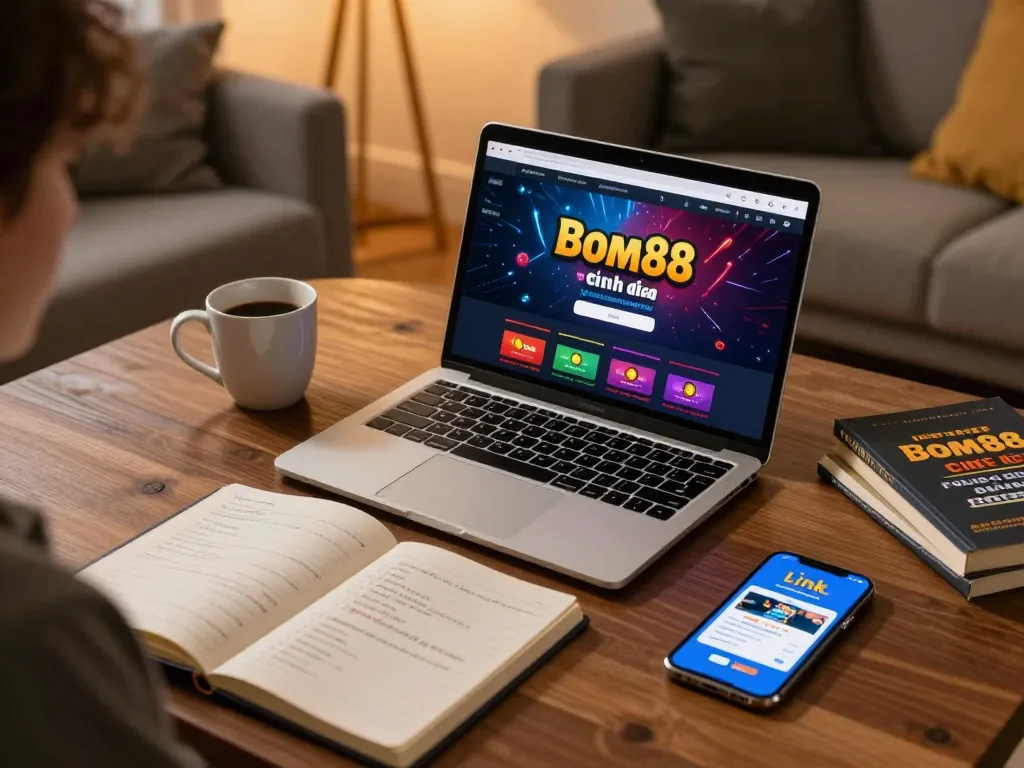 Engaging with Link Bom88 chính thức app on a laptop during a home gambling session.