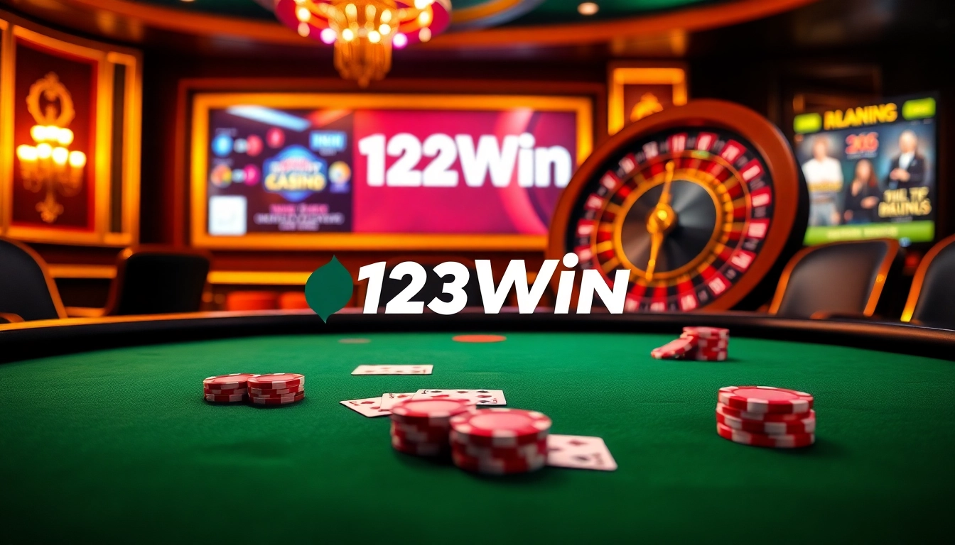 Experience exhilarating games at https://123win.to/ with a luxurious online casino atmosphere featuring a blackjack table and roulette wheel.