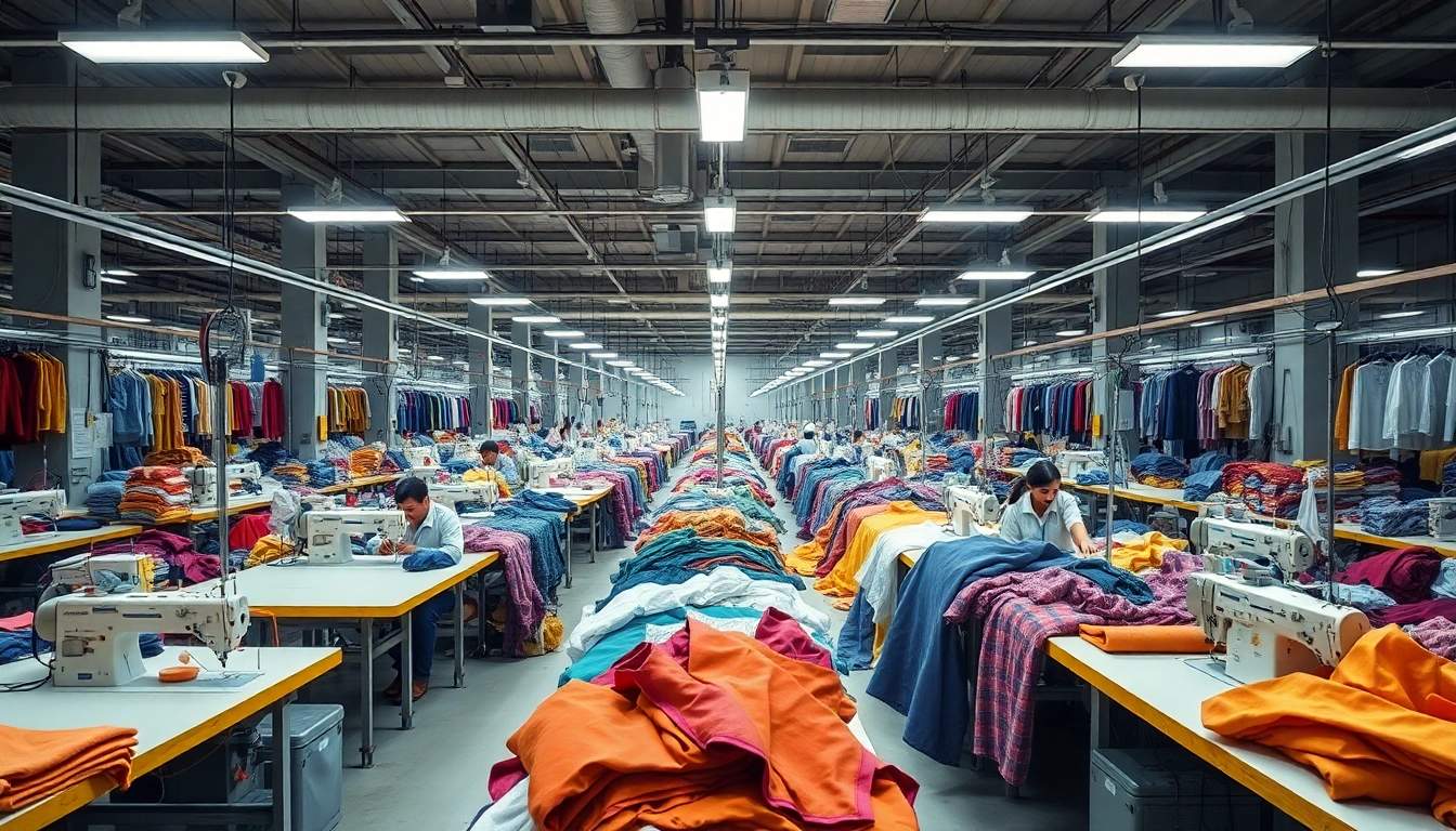Skilled workers in a Clothes Factory China sewing colorful fabrics with precision.