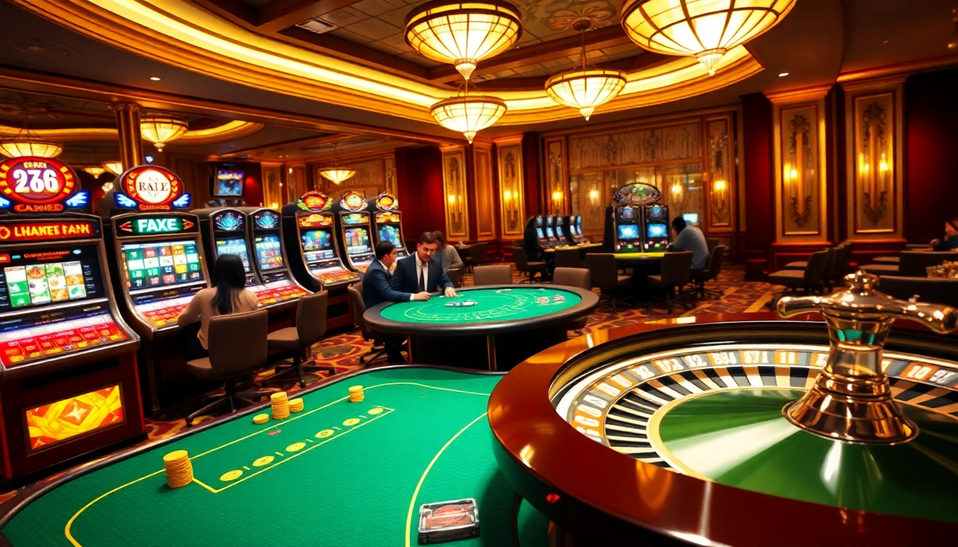 Excited gamers engage at a luxurious F168 casino table with vibrant slot machines.