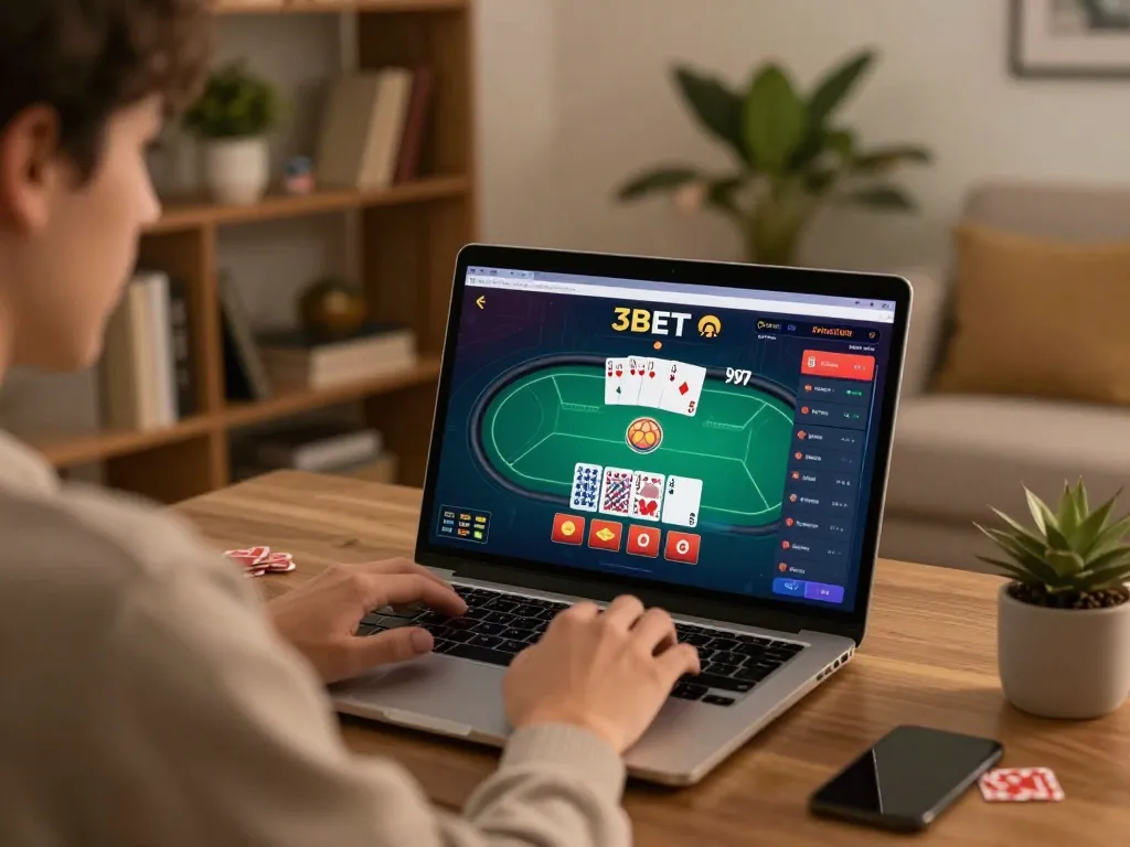 Player engaged with online poker on 3BET platform, cozy home gaming environment with cards visible.