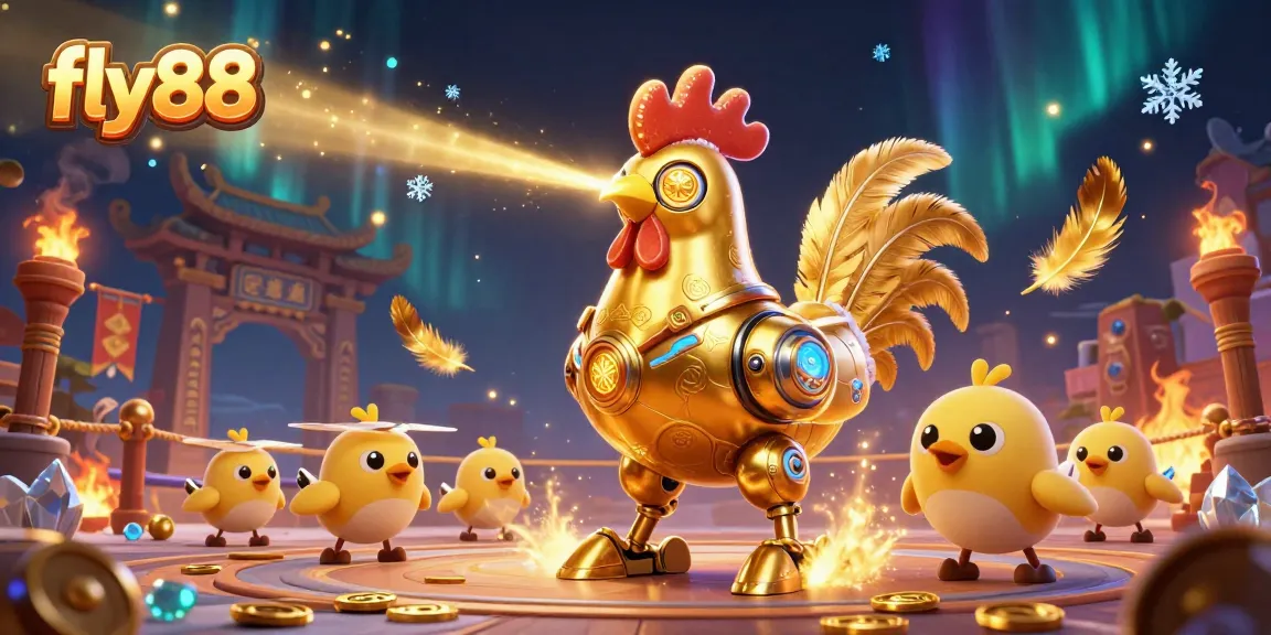 Engage with fly88's dynamic gaming experience featuring a golden rooster robot and baby chick drones.