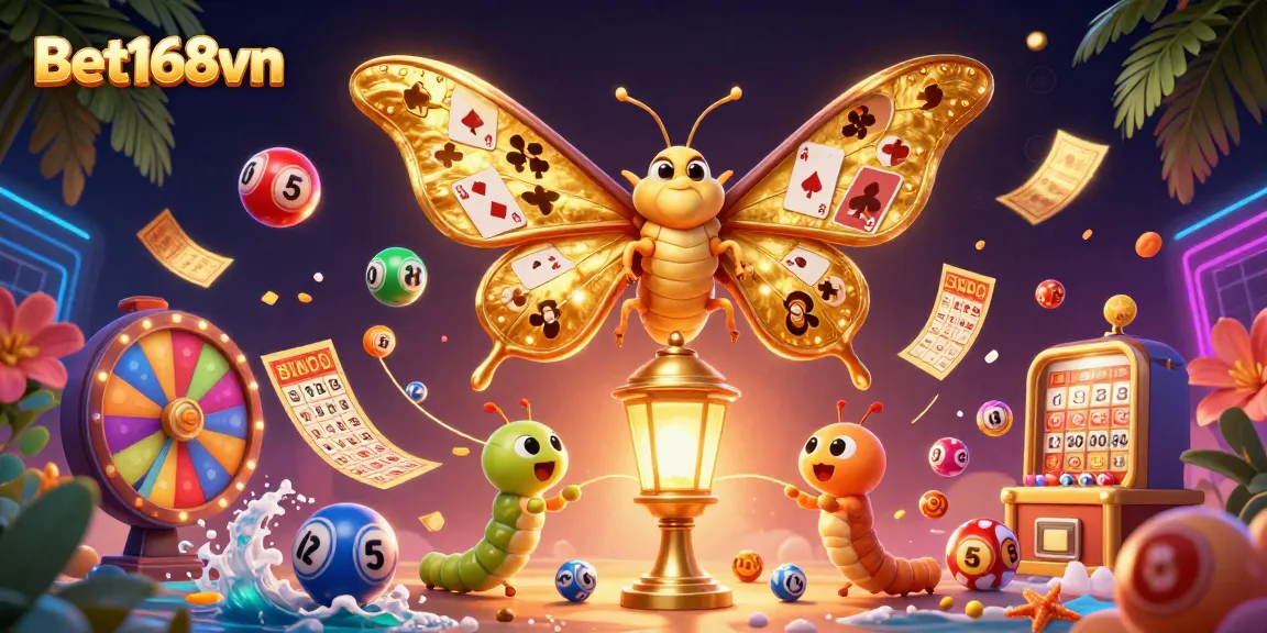Experience thrills at Bet168vn with vibrant casino scenes and captivating lottery elements in a dynamic 3D artwork.