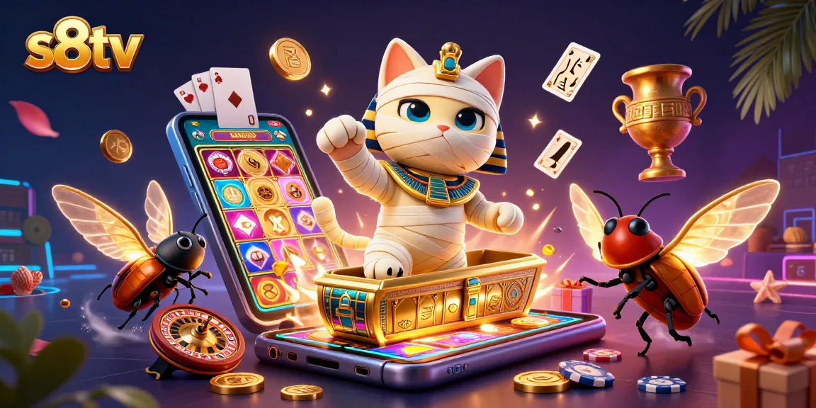 Experience the excitement of s8tv with a vibrant casino scene featuring a mummy cat and scarab.