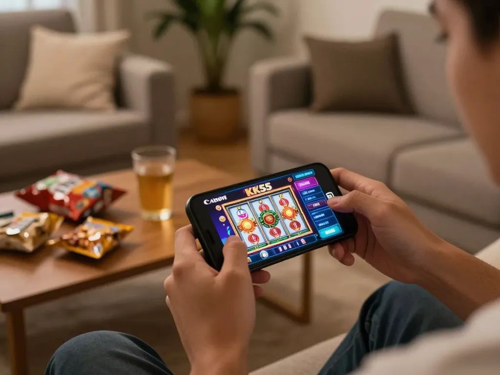 Engaging with the KK55 Game on a smartphone in a cozy home setup while enjoying snacks.
