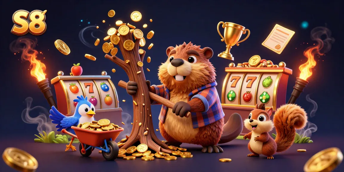Experience S8 with a cartoon beaver winning coins in a vibrant casino