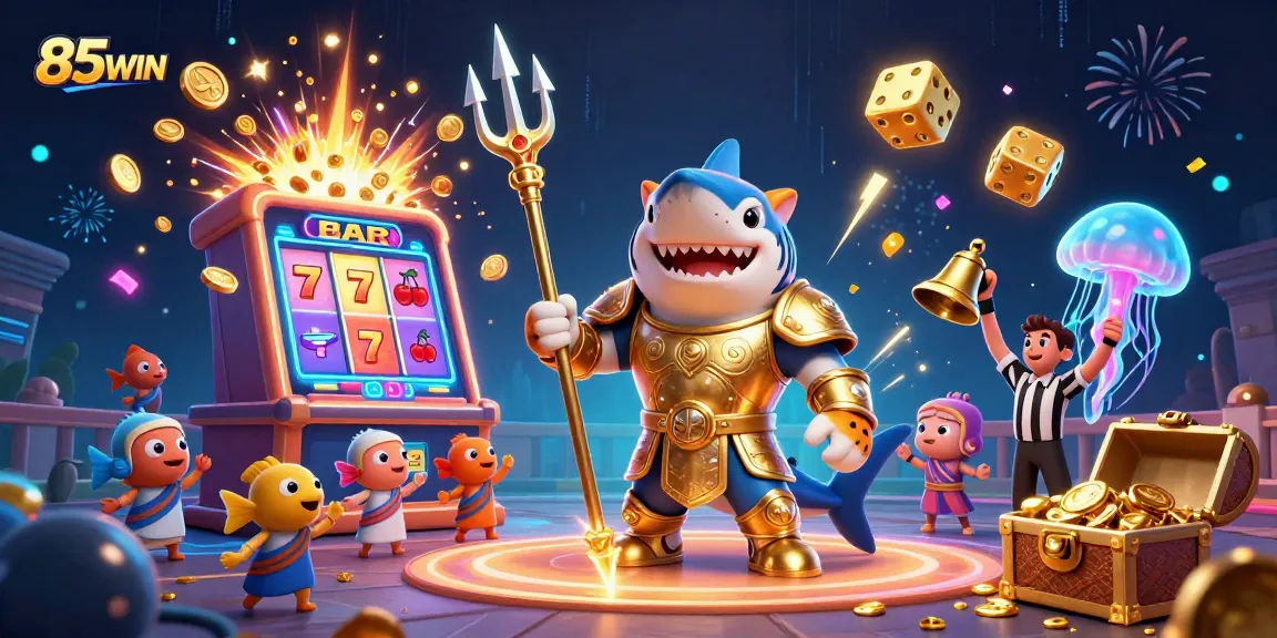 Experience thrilling gameplay at 85WIN with a dynamic underwater scene featuring a golden shark, slot machines, and exciting casino elements.