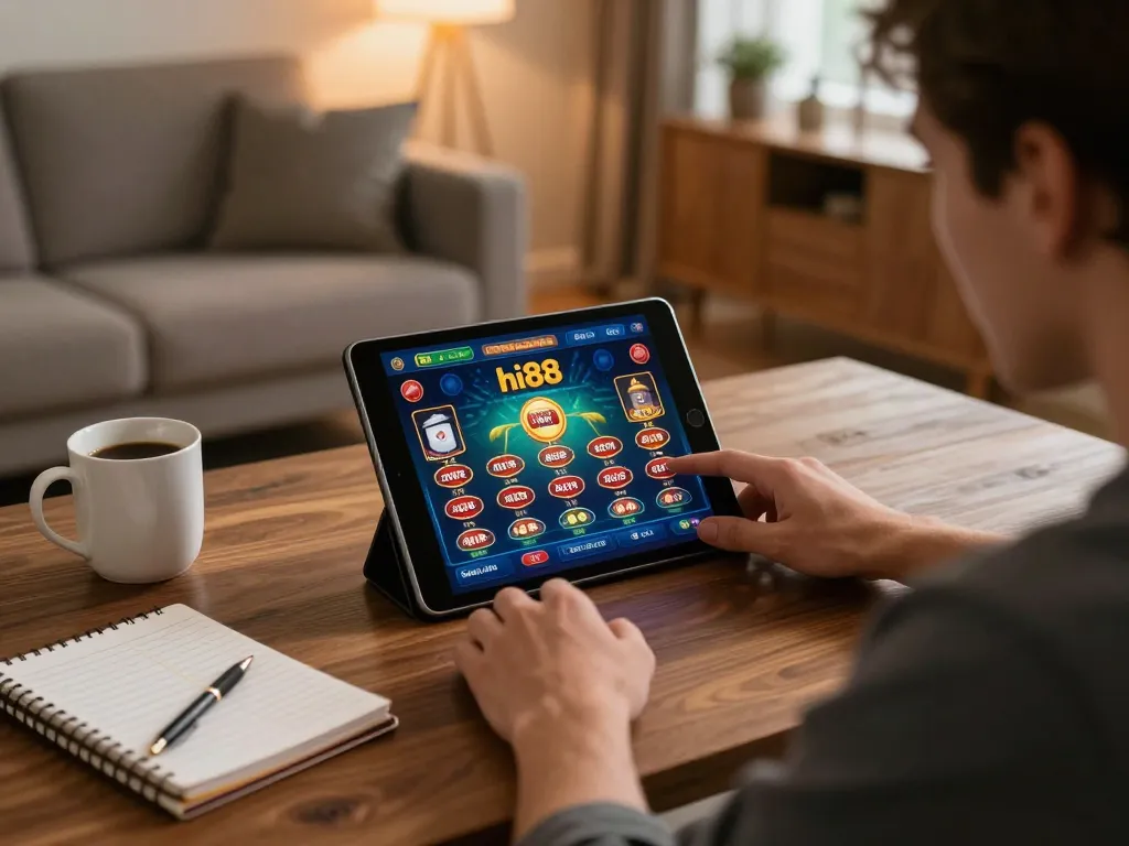 Player strategizing on hi88 app for casino gaming in a cozy home setup