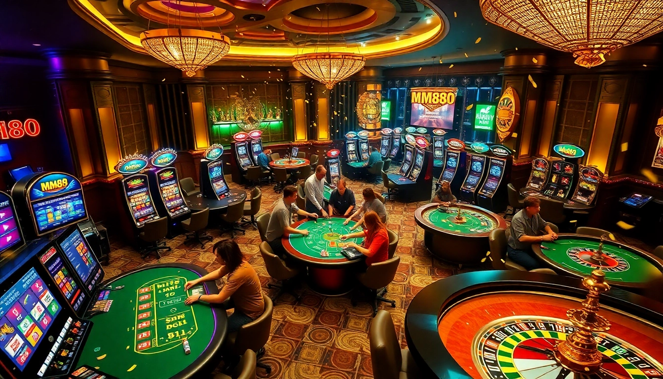 MM88 players celebrating a win at luxurious casino tables, showcasing excitement and luxury in the gaming experience.