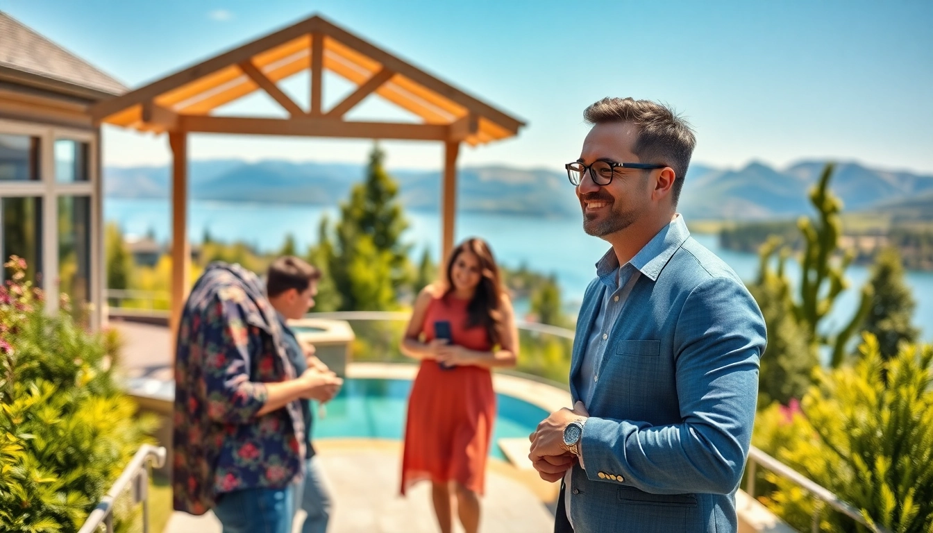 Kelowna real estate agent discussing with family in a beautiful lakeside home.