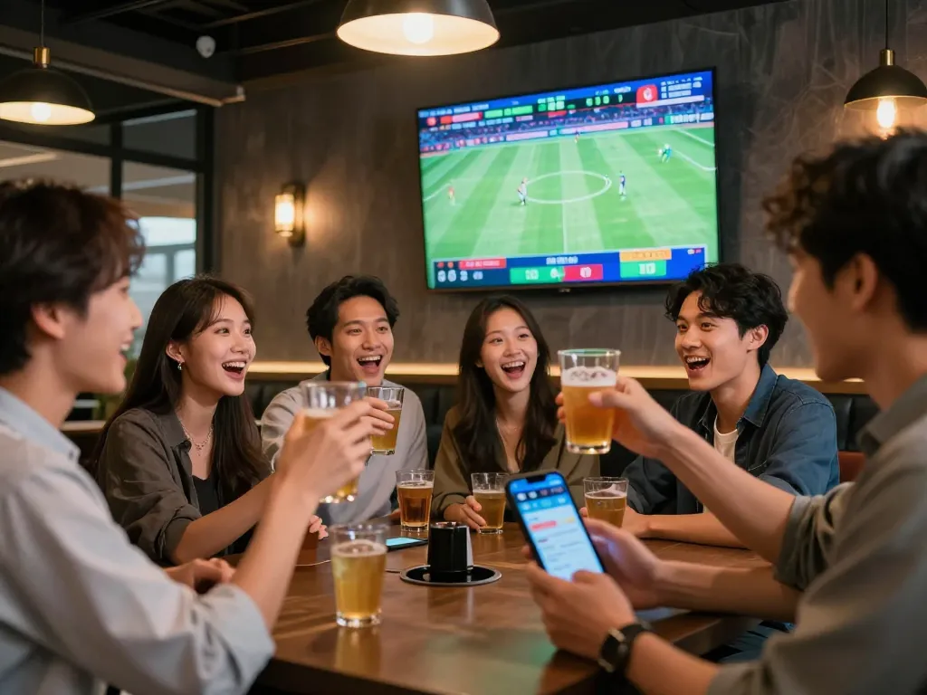 Engaging with keo nha cai betting options at a sports bar, friends celebrating during live match.