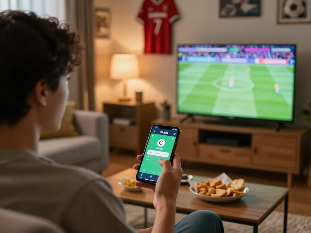 Cakhia app user placing bets on live sports during thrilling match.