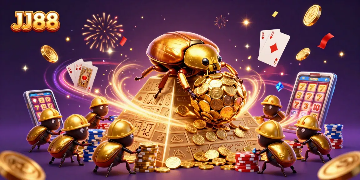Experience thrilling gaming with JJ88 as golden coins cascade around vibrant casino elements.