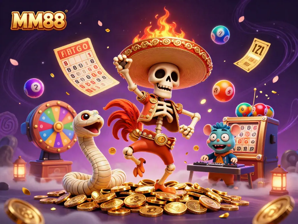 MM88 showcases the skeleton mariachi rooster dancing on coins with vibrant elements of lottery and casino fun.