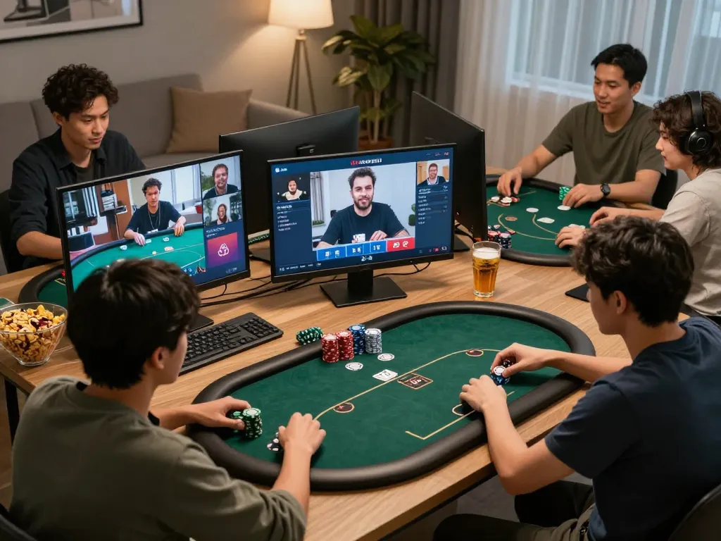 Playing the best online pokies at home during a lively game night with friends and strategic gameplay.