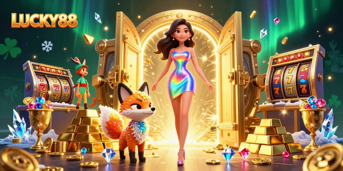 Engage with LUCKY88's vibrant casino atmosphere featuring a dazzling woman and a playful fox.