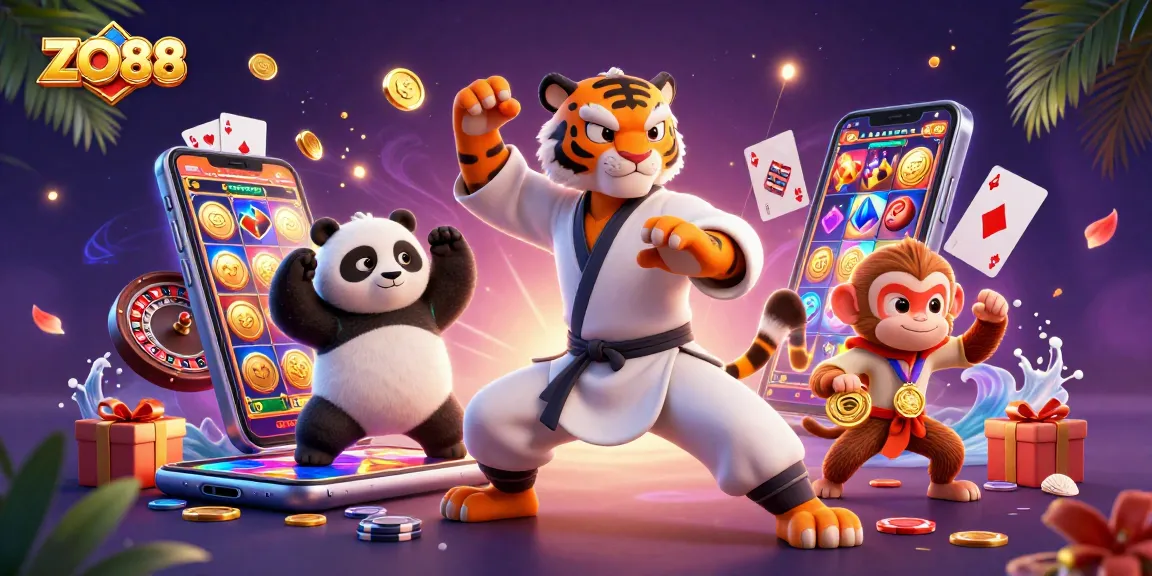Engage with ZO88 through fun slot games, vibrant characters, and rich casino elements in a thrilling scene.
