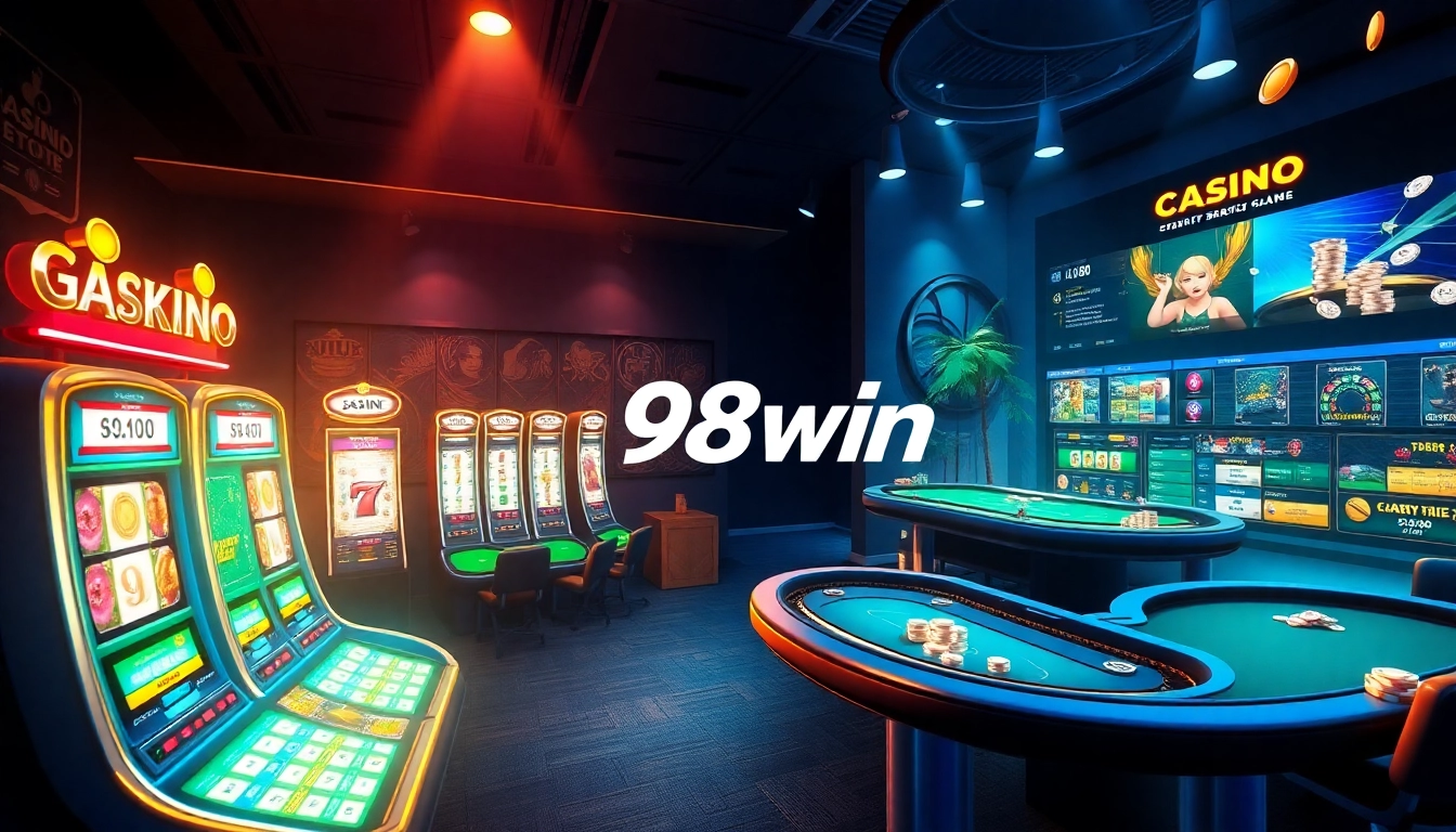 Engaging online gaming scene showcasing 98win’s vibrant casino atmosphere with slot machines and live dealer tables.