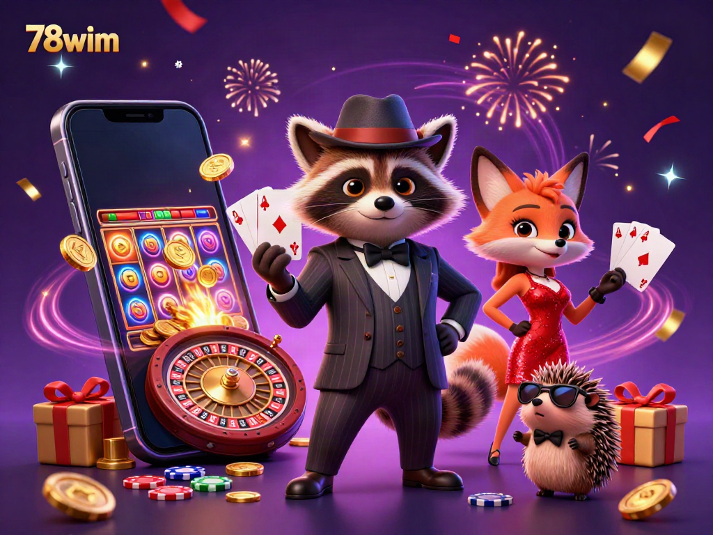 Experience the thrill of 78wim with a raccoon in a tuxedo holding cards, surrounded by vivid casino elements.
