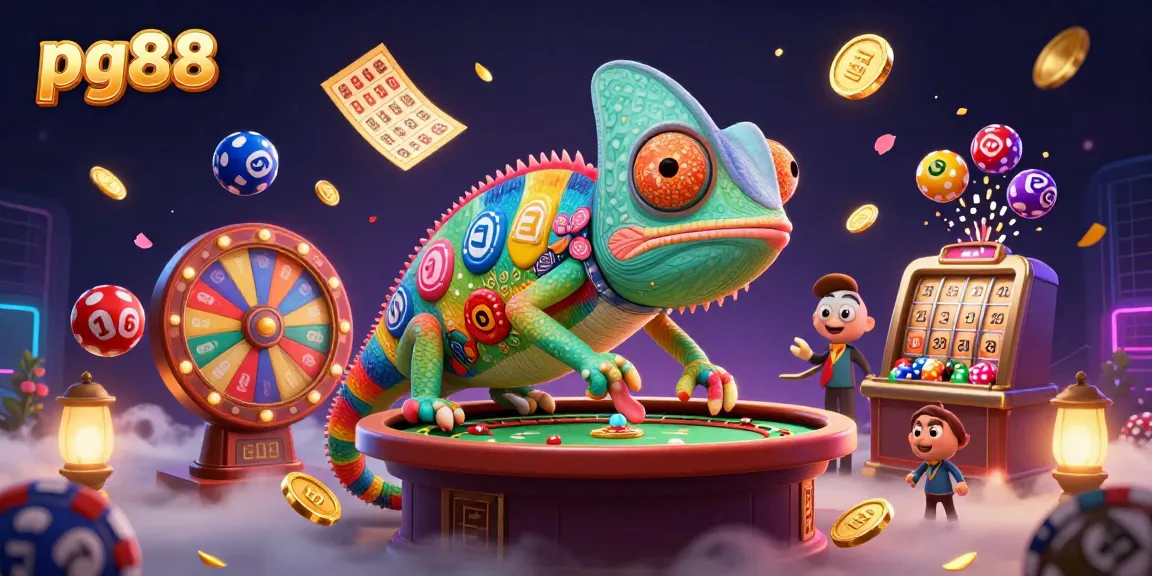 Engage with pg88's vibrant online gaming, featuring an animated chameleon and lottery excitement.