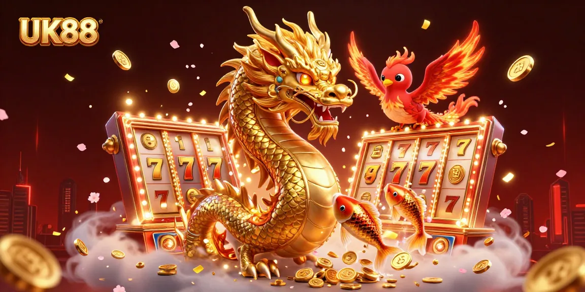 Experience thrilling wins at UK88 with a dynamic 3D casino scene featuring ancient symbols and lucky characters.