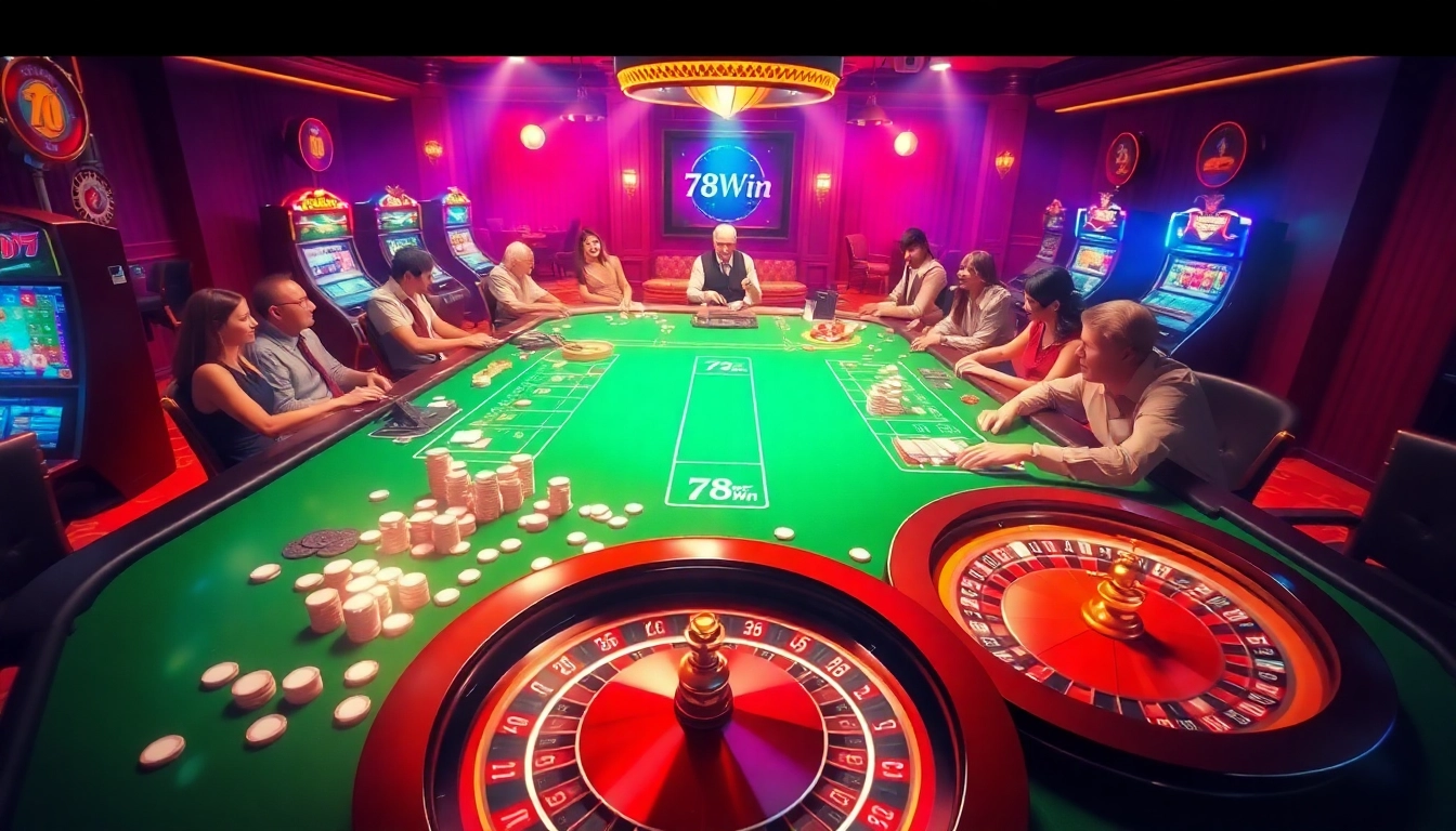 Engage in an exhilarating betting experience at 78Win's luxurious casino, featuring vibrant gaming tables.