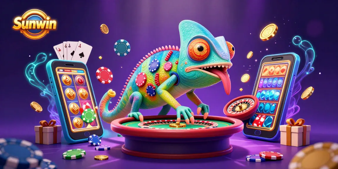 Sunwin chameleon casino owner catches golden coins while surrounded by exciting casino elements