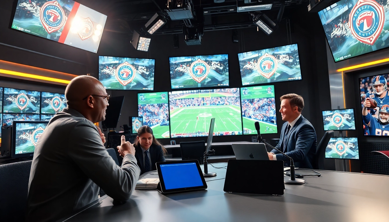 Engaging scene of sports broadcasting with a dynamic host and advanced equipment.