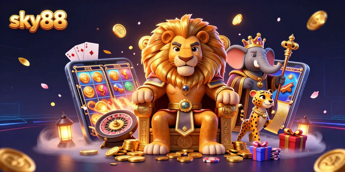 Engage with sky88 at a vibrant casino scene featuring a lion king and gaming elements.